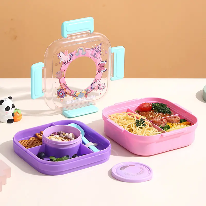 New Plastic Lunch Box, Kidsren's Compartmented Lunch Box, Student Cartoon Lunch Box with Lid, Microwave Oven Heating Spoon, Sauce Cup
