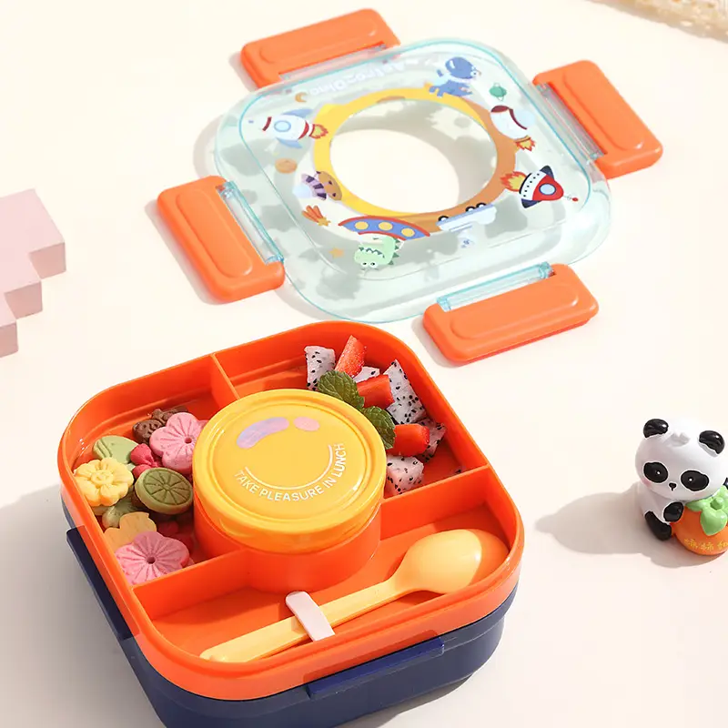 New Plastic Lunch Box, Kidsren's Compartmented Lunch Box, Student Cartoon Lunch Box with Lid, Microwave Oven Heating Spoon, Sauce Cup