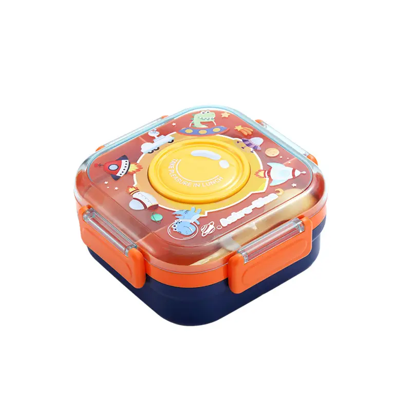 New Plastic Lunch Box, Kidsren's Compartmented Lunch Box, Student Cartoon Lunch Box with Lid, Microwave Oven Heating Spoon, Sauce Cup