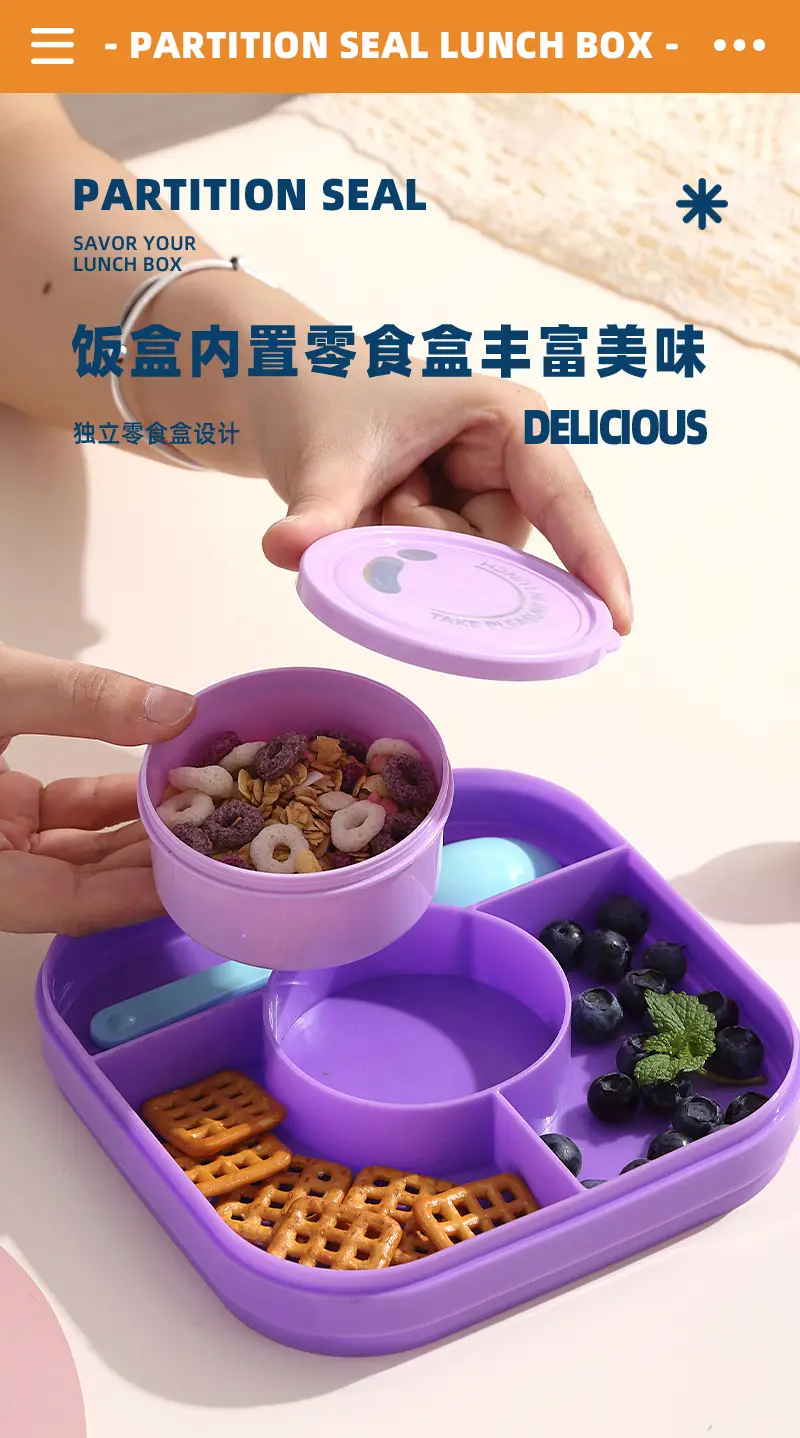New Plastic Lunch Box, Kidsren's Compartmented Lunch Box, Student Cartoon Lunch Box with Lid, Microwave Oven Heating Spoon, Sauce Cup — feature 7