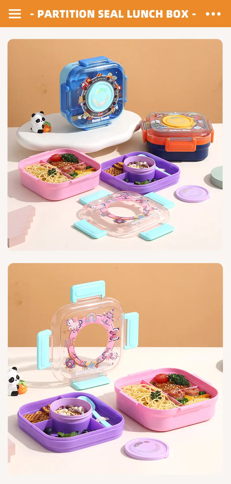 New Plastic Lunch Box, Kidsren's Compartmented Lunch Box, Student Cartoon Lunch Box with Lid, Microwave Oven Heating Spoon, Sauce Cup — feature 9