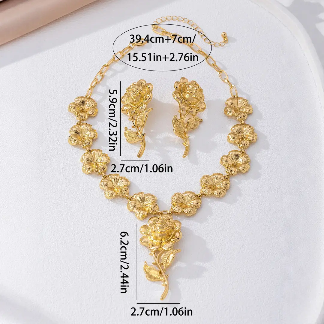2-Piece Set of Fashionable, Elegant and Exquisite Palace Style Gorgeous Accessible Luxury Rose Flower Pendant Necklace and Earrings Set