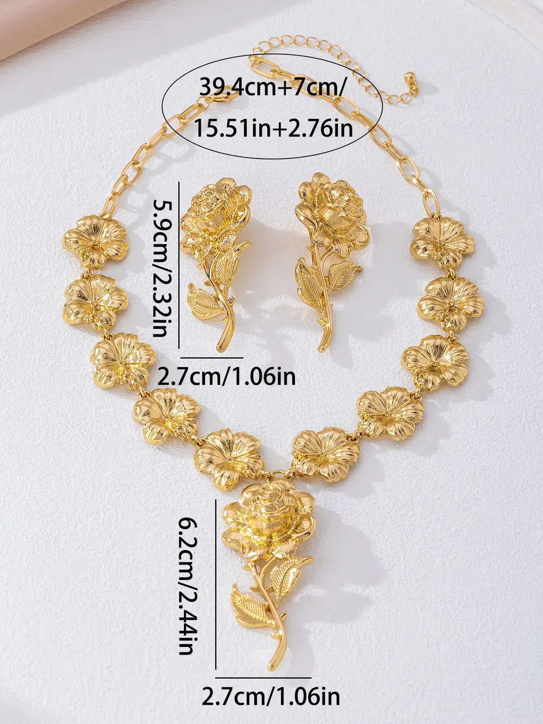 2-Piece Set of Fashionable, Elegant and Exquisite Palace Style Gorgeous Accessible Luxury Rose Flower Pendant Necklace and Earrings Set — feature 3
