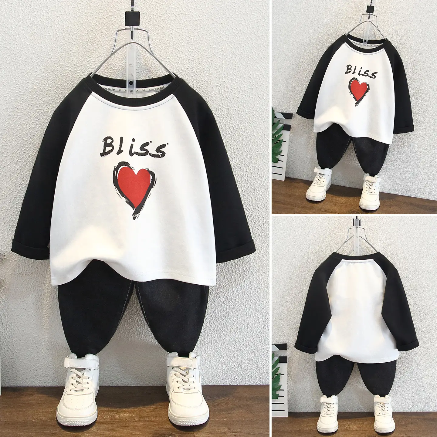 Boys Long Sleeve T-Shirt White Black Heart Print - Image 4
