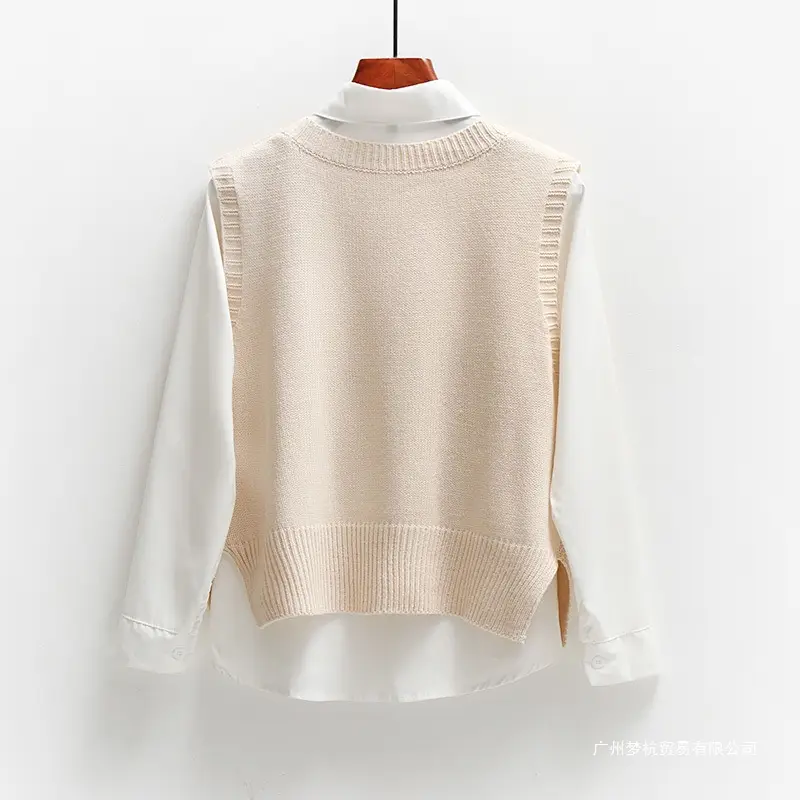 Two-Piece Sweater + Long-Sleeved Shirt Knitted Sweater Vest Vest Women's Korean Style Loose Preppy Style