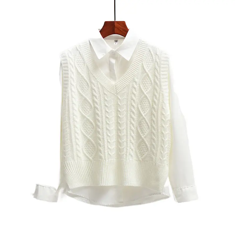 Two-Piece Sweater + Long-Sleeved Shirt Knitted Sweater Vest Vest Women's Korean Style Loose Preppy Style