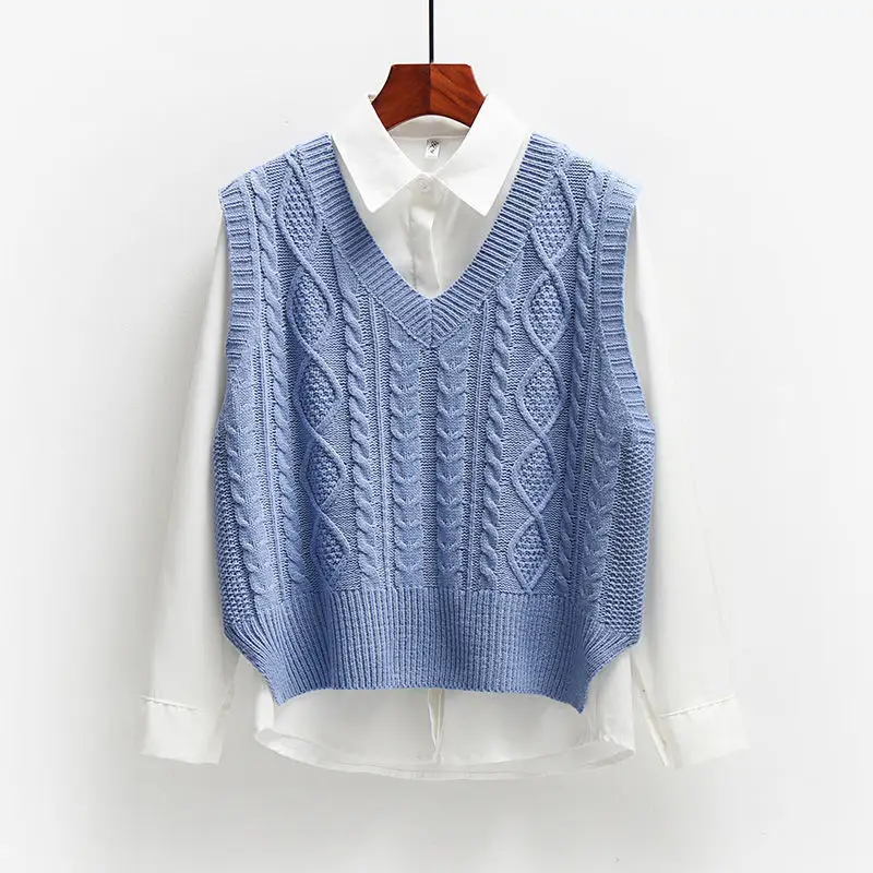 Two-Piece Sweater + Long-Sleeved Shirt Knitted Sweater Vest Vest Women's Korean Style Loose Preppy Style