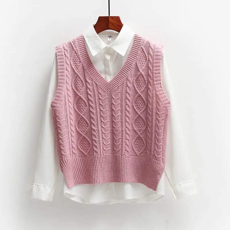 Two-Piece Sweater + Long-Sleeved Shirt Knitted Sweater Vest Vest Women's Korean Style Loose Preppy Style
