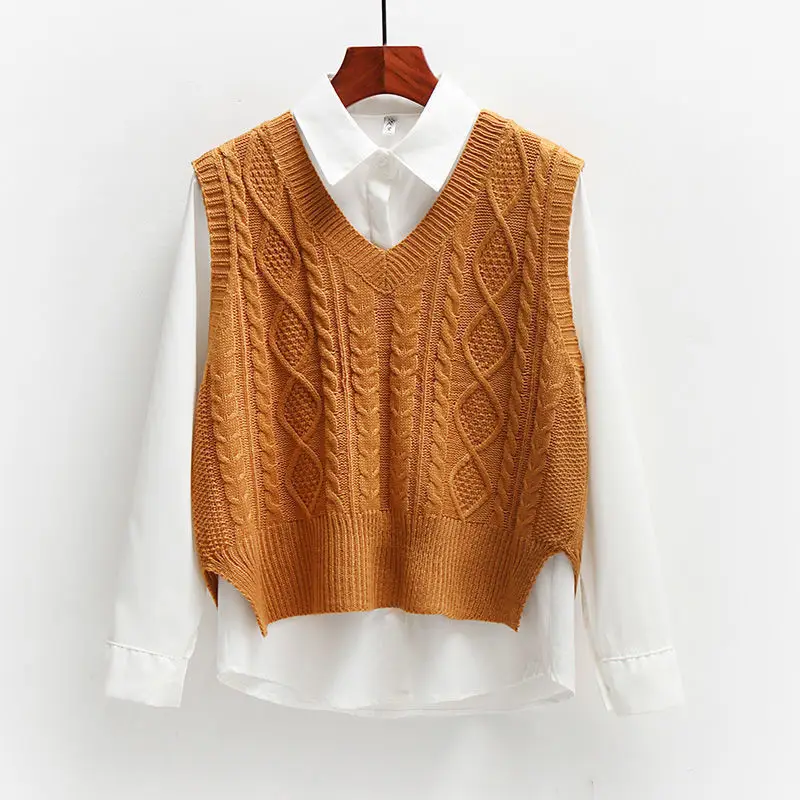 Two-Piece Sweater + Long-Sleeved Shirt Knitted Sweater Vest Vest Women's Korean Style Loose Preppy Style