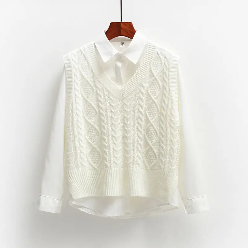 Two-Piece Sweater + Long-Sleeved Shirt Knitted Sweater Vest Vest Women's Korean Style Loose Preppy Style