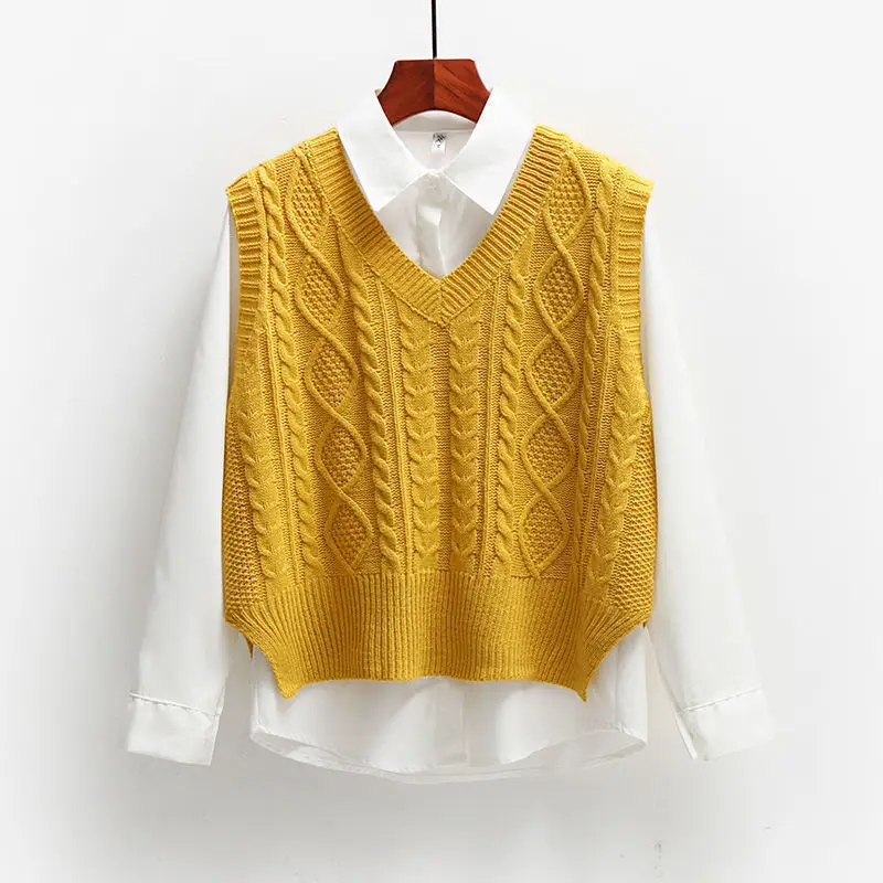 Two-Piece Sweater + Long-Sleeved Shirt Knitted Sweater Vest Vest Women's Korean Style Loose Preppy Style
