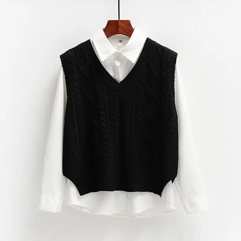 Two-Piece Sweater + Long-Sleeved Shirt Knitted Sweater Vest Vest Women's Korean Style Loose Preppy Style