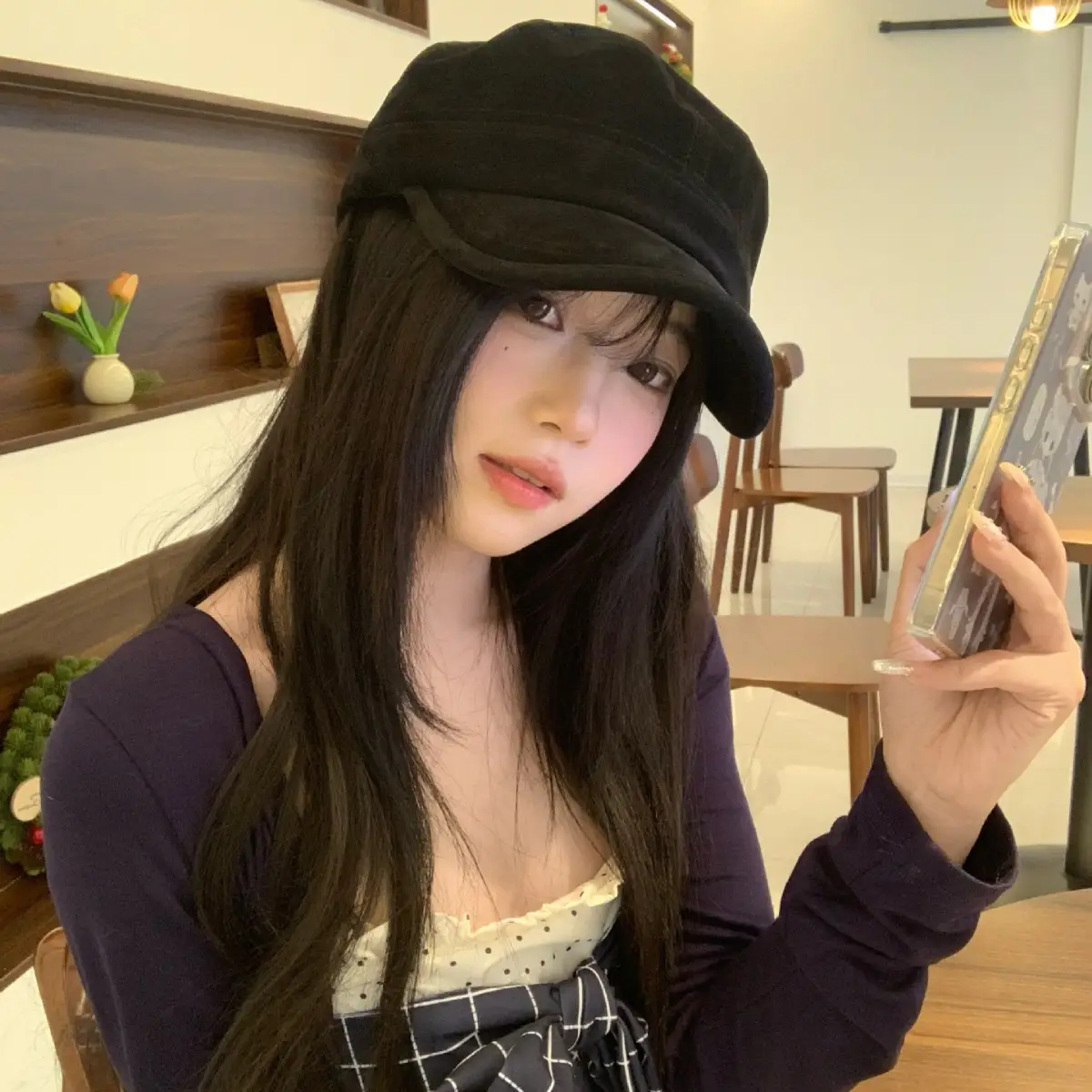 Women Suede Equestrian Hat Brown Small Flat Top Beret - Image 5
