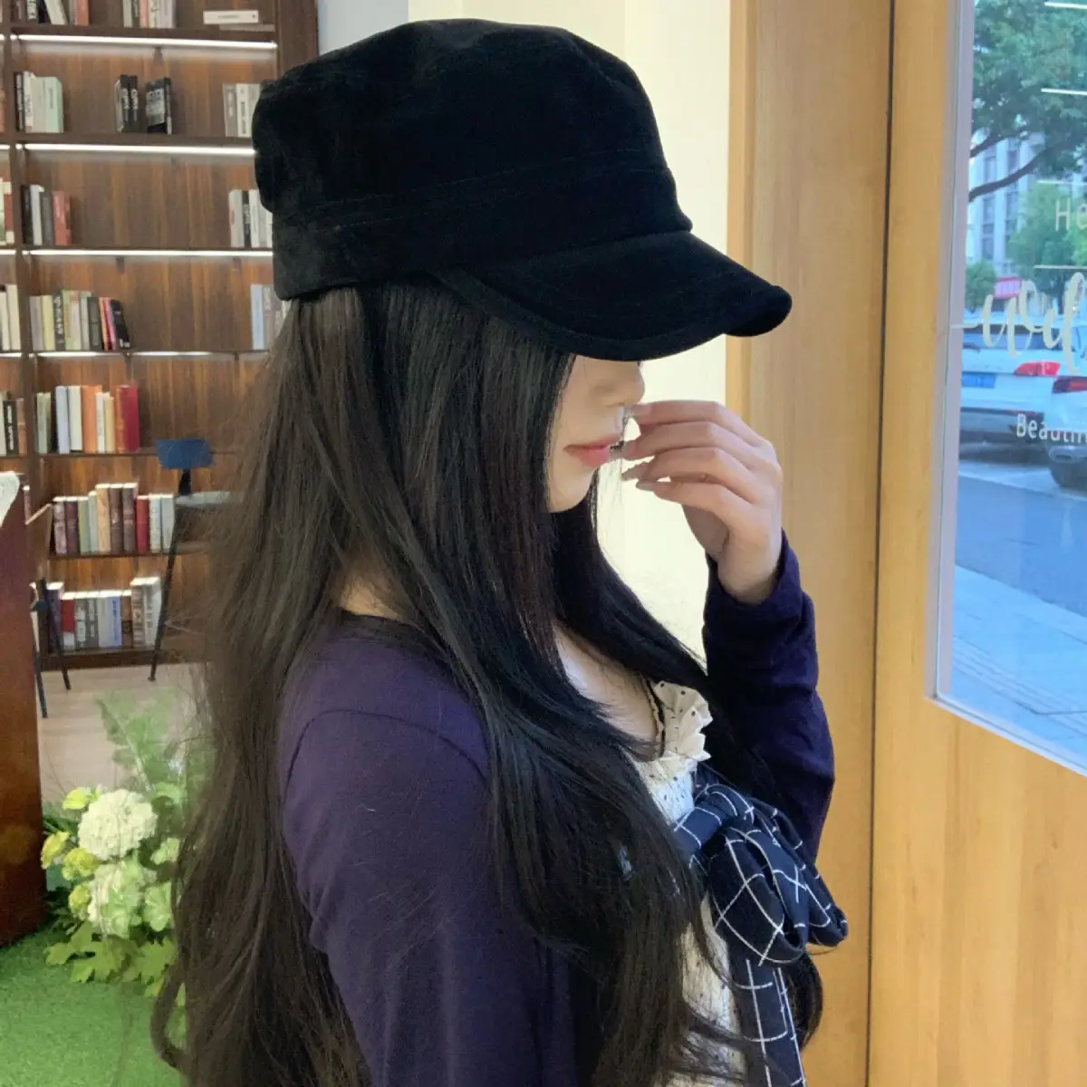 Women Suede Equestrian Hat Brown Small Flat Top Beret - Image 7