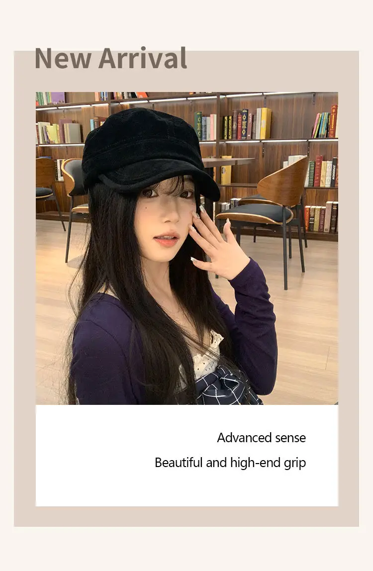 Women Suede Equestrian Hat Brown Small Flat Top Beret — feature 3
