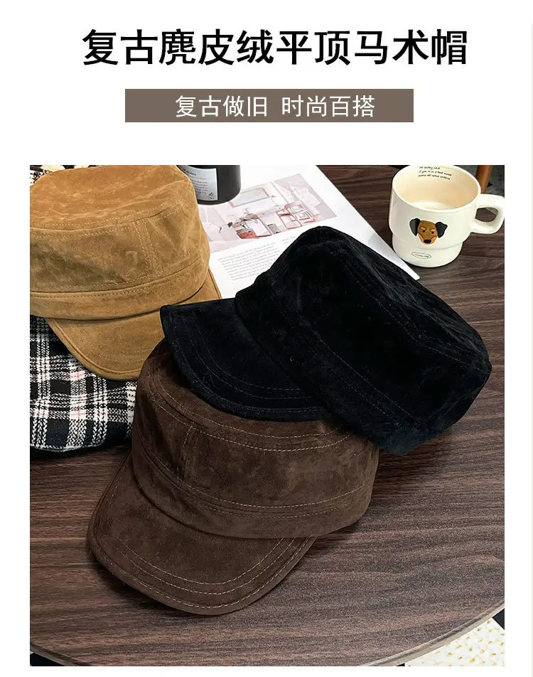 Women Suede Equestrian Hat Brown Small Flat Top Beret — feature 5