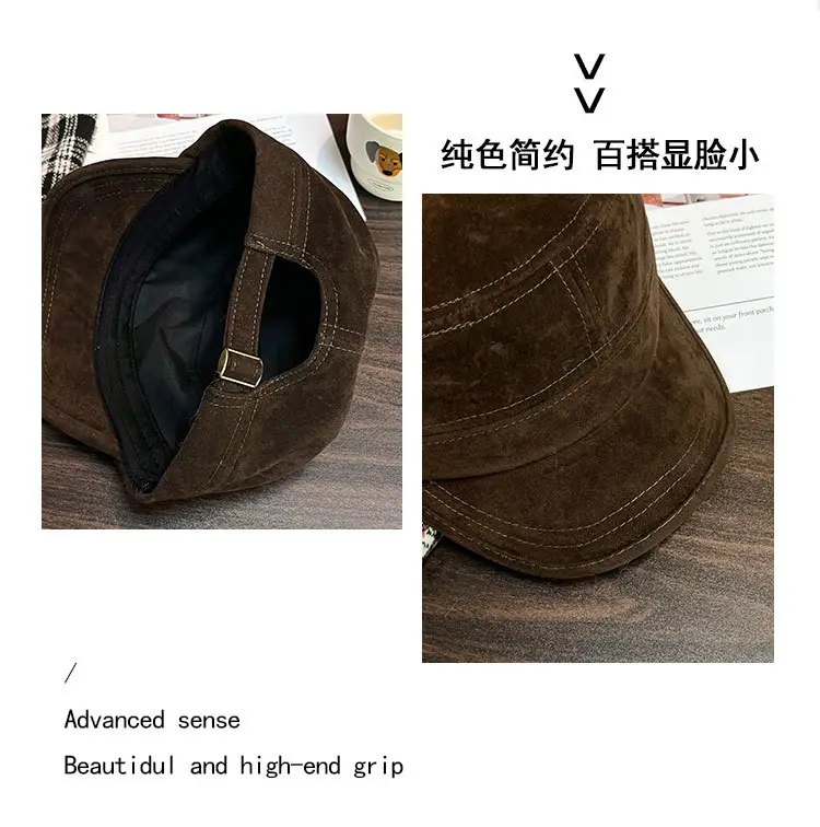 Women Suede Equestrian Hat Brown Small Flat Top Beret — feature 6