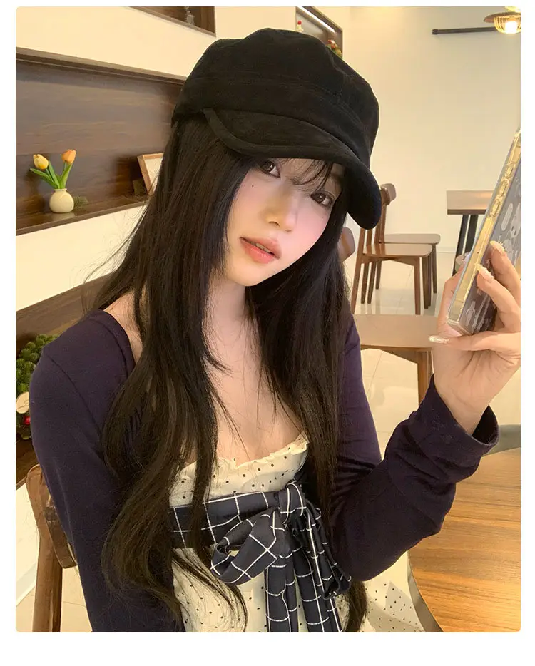 Women Suede Equestrian Hat Brown Small Flat Top Beret — feature 7