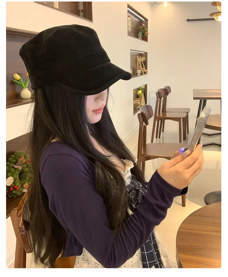 Women Suede Equestrian Hat Brown Small Flat Top Beret — feature 8