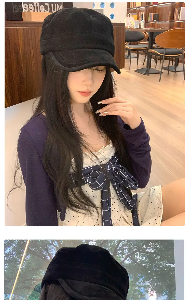 Women Suede Equestrian Hat Brown Small Flat Top Beret — feature 9