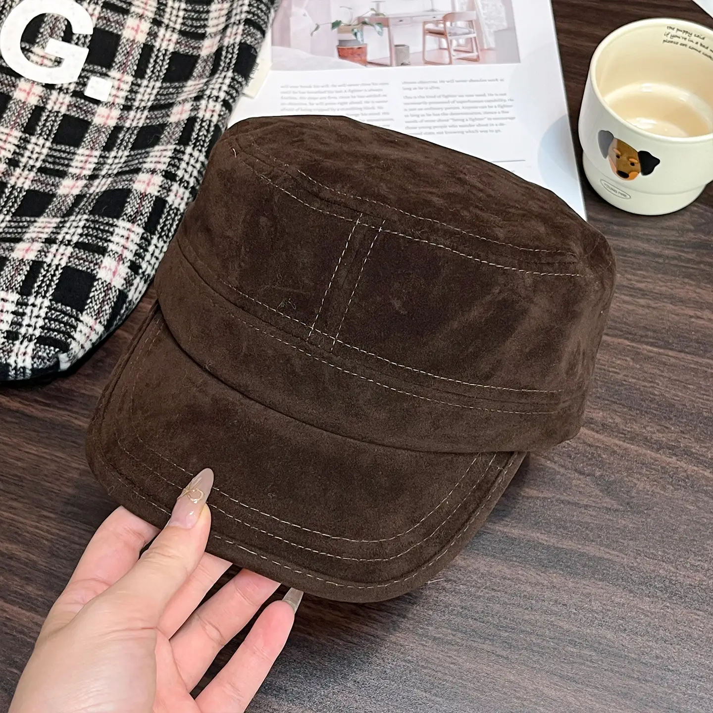 Women Suede Equestrian Hat Brown Small Flat Top Beret - Image 2