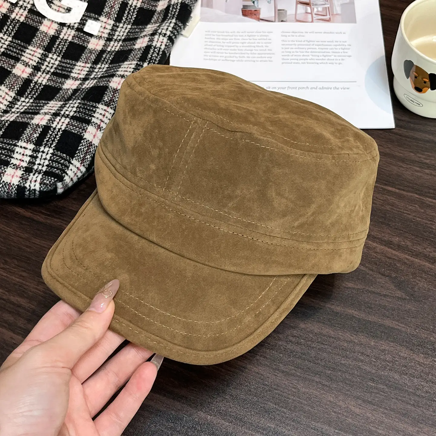 Women Suede Equestrian Hat Brown Small Flat Top Beret - Image 3