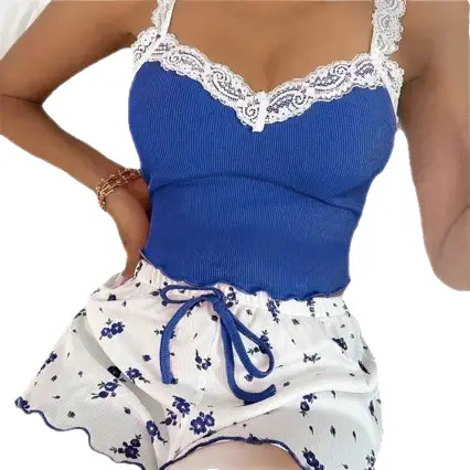 European and American Cross-Border Home Wear Lace Suspender Shorts Suit Comfortable Elastic Home Casual Wearable Home Wear for Women