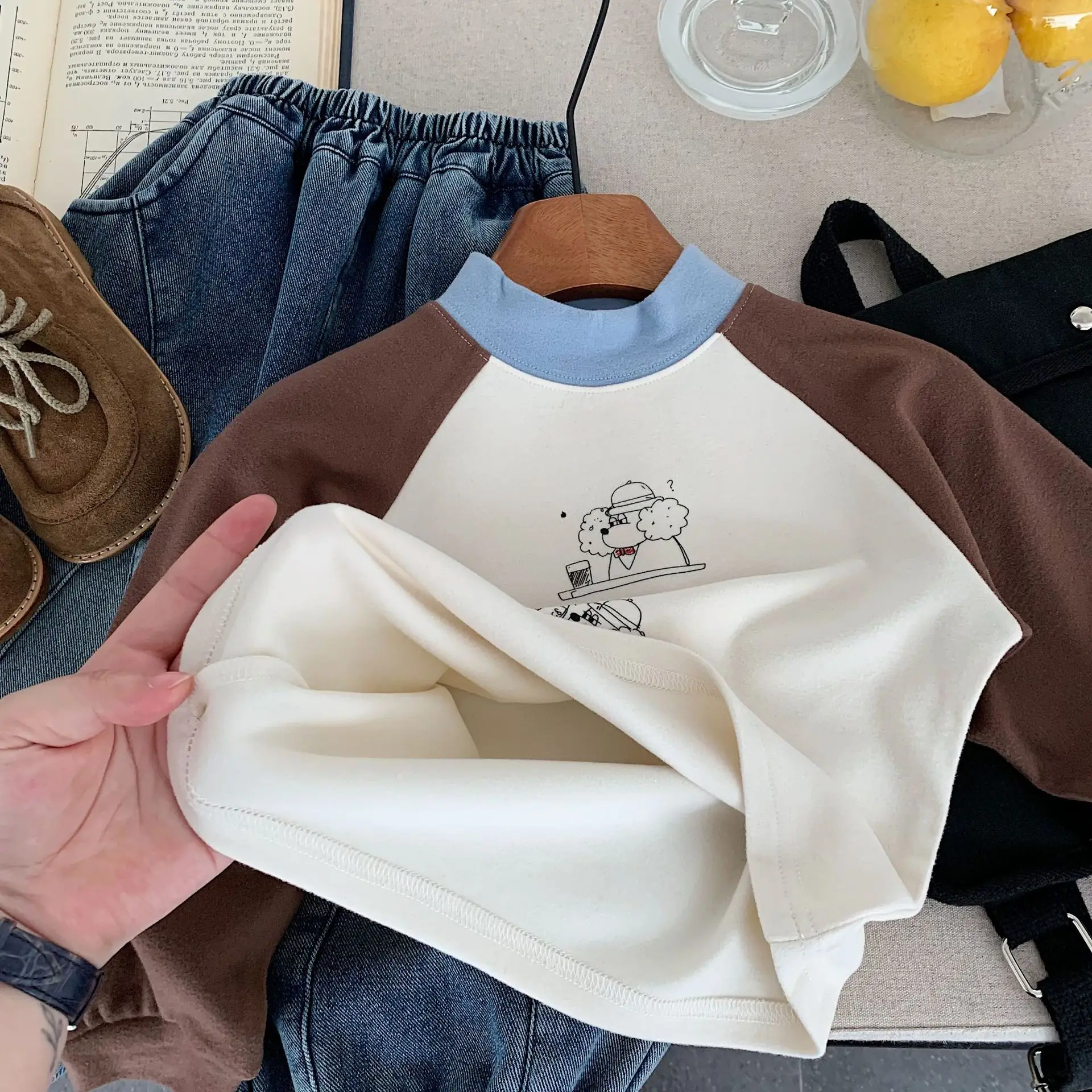 Japanese-Style Boys Thermal Long-Sleeve T-Shirt Brown White - Image 6