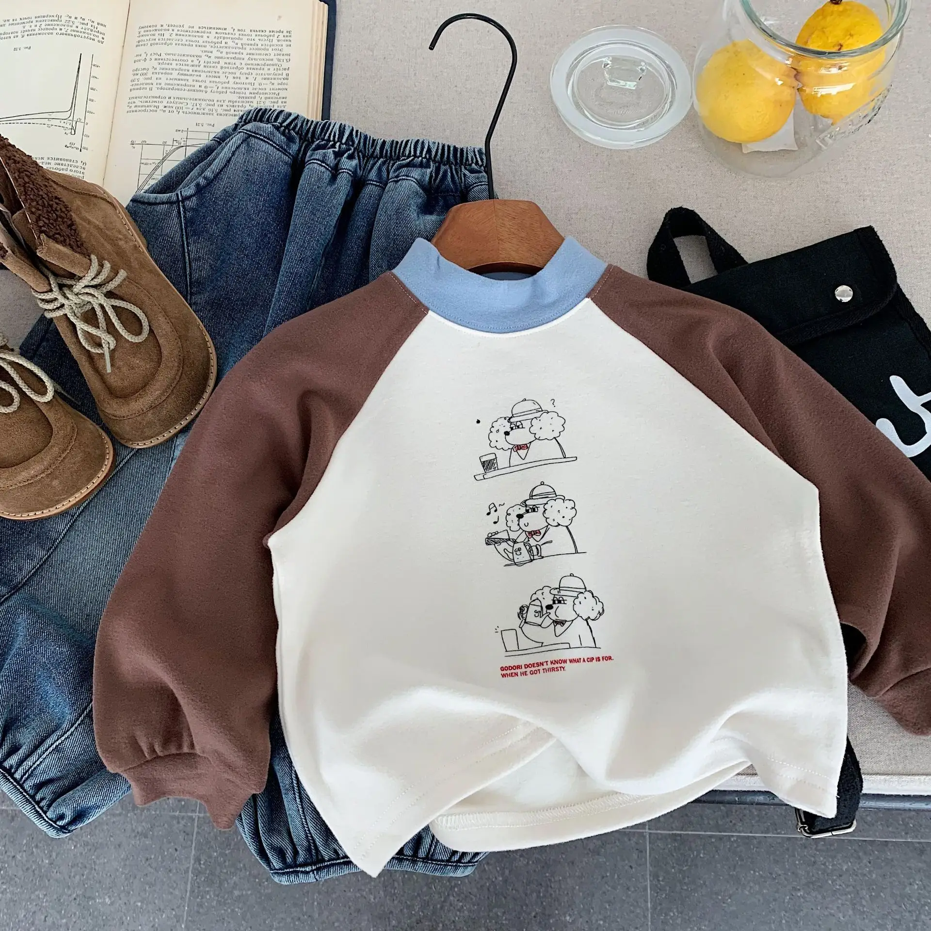 Japanese-Style Boys Thermal Long-Sleeve T-Shirt Brown White — feature 1