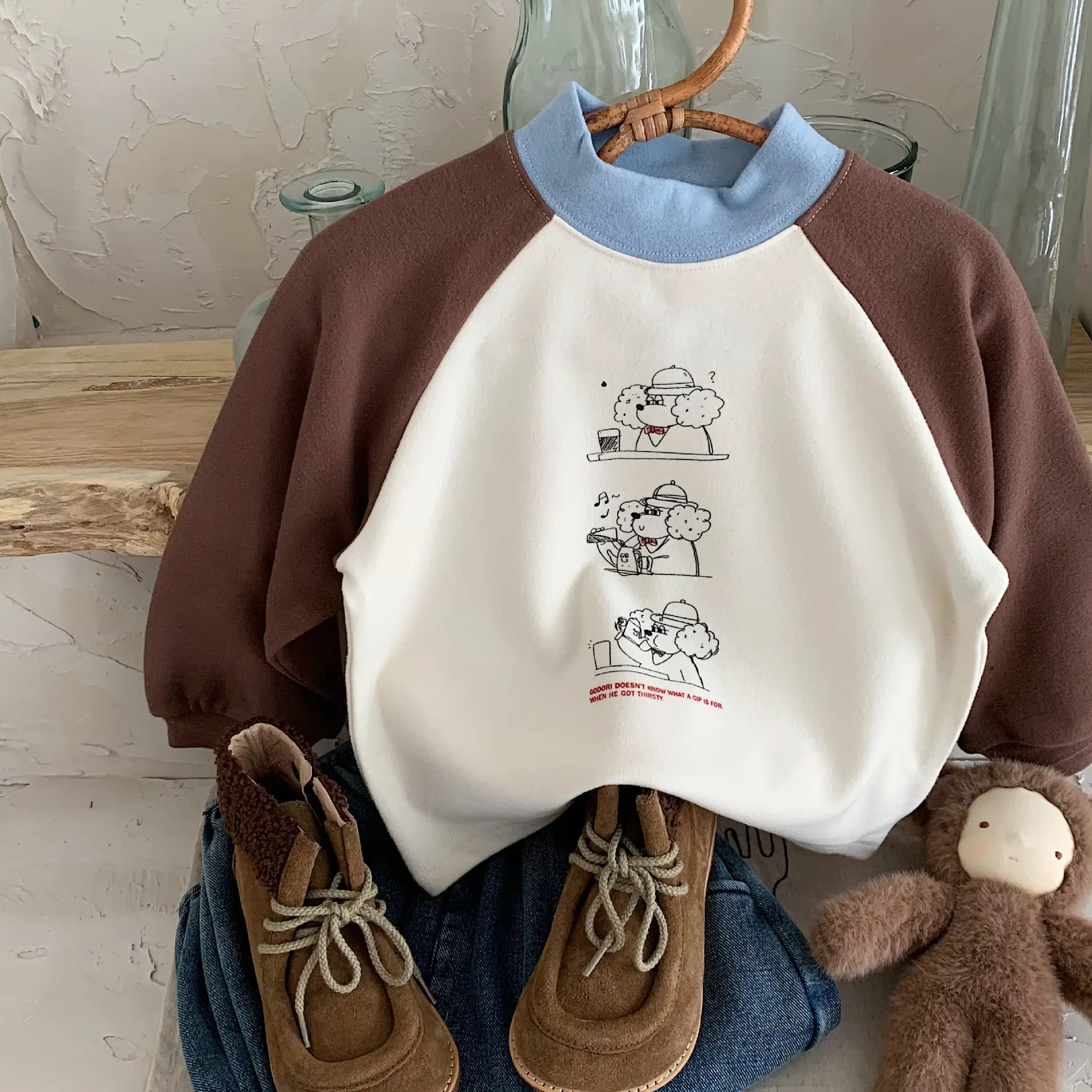 Japanese-Style Boys Thermal Long-Sleeve T-Shirt Brown White — feature 4