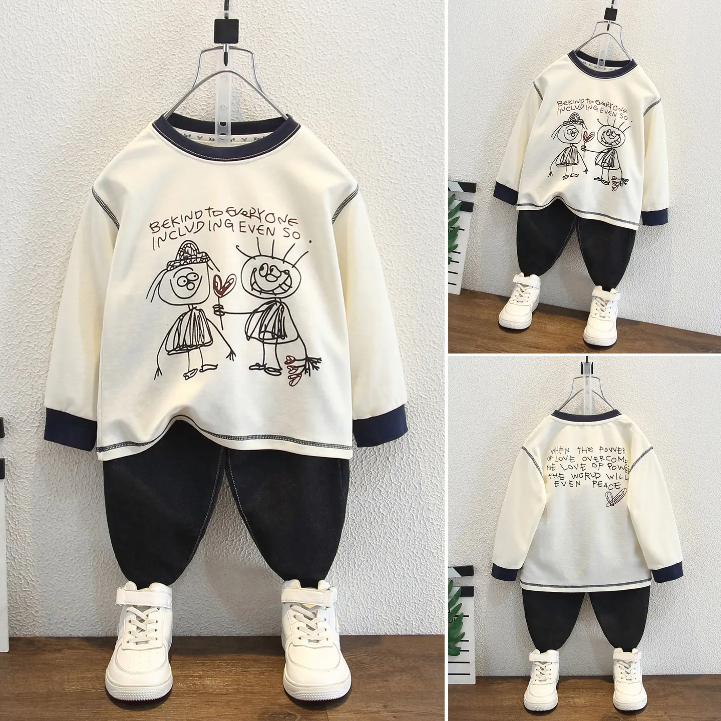 Boys Long Sleeve Cartoon T-Shirt Cream Black Round Neck - Image 4