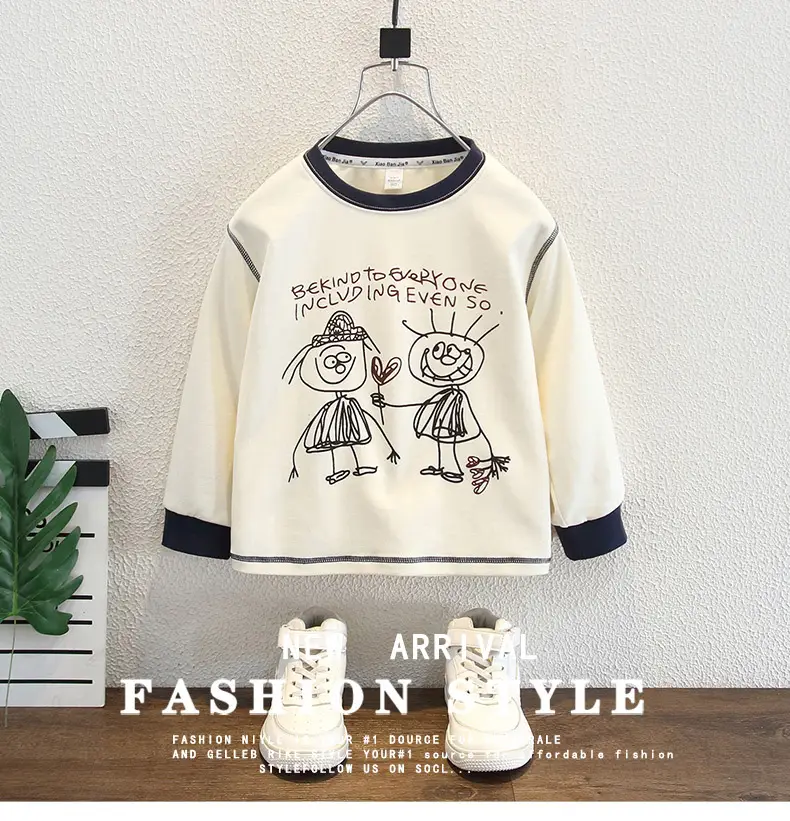 Boys Long Sleeve Cartoon T-Shirt Cream Black Round Neck — feature 1