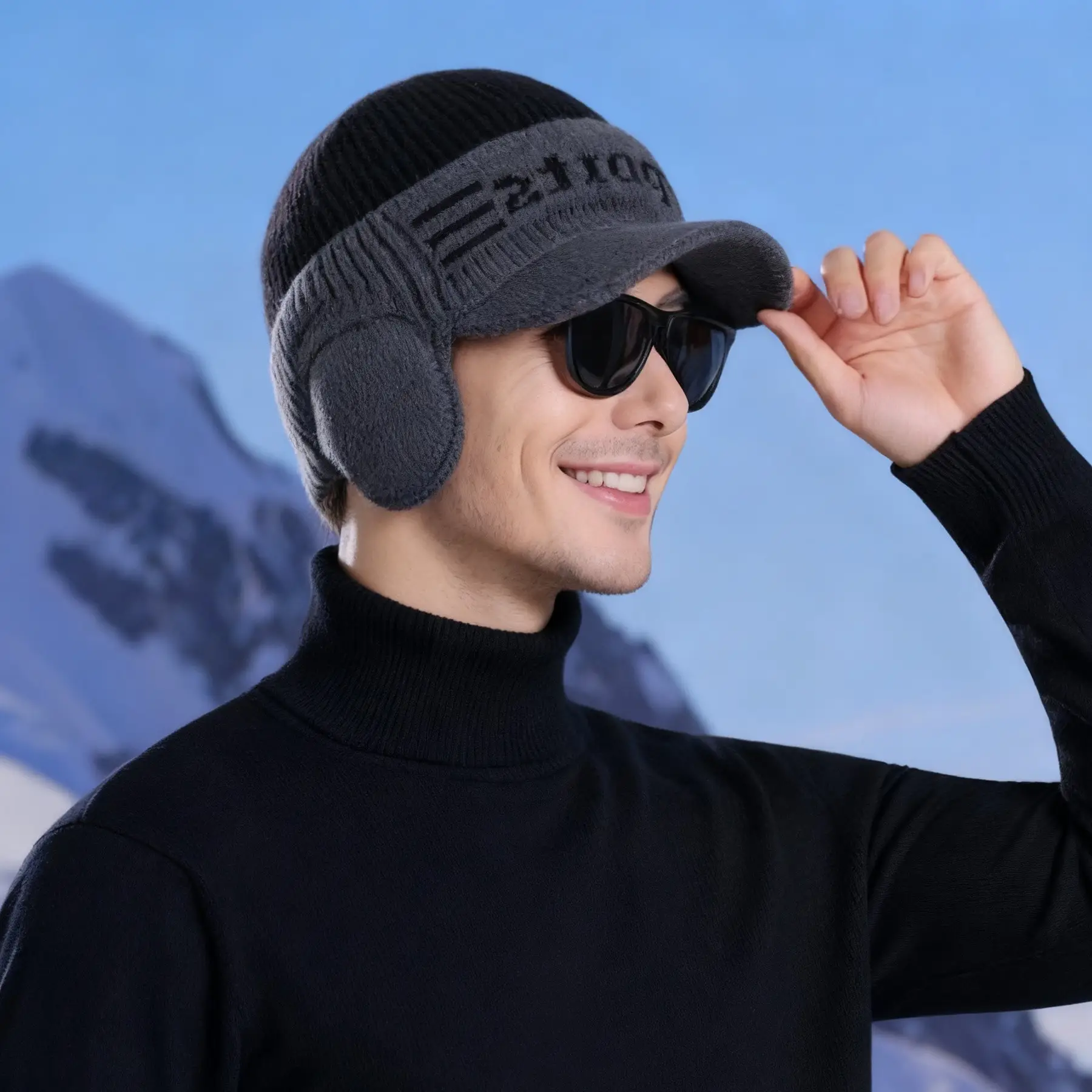 Winter Men's Knitted Wool Ear Bag with Beanie - Image 6