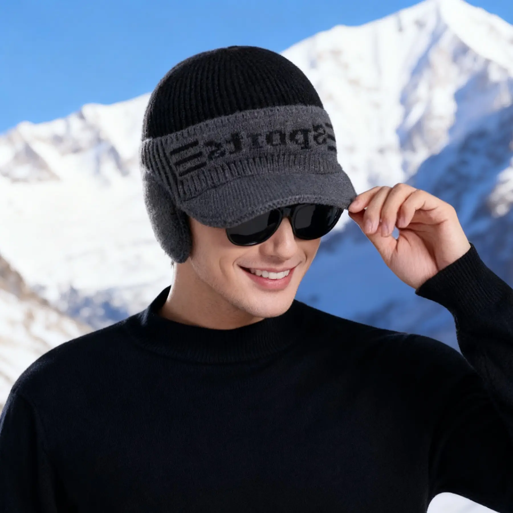 Winter Men's Knitted Wool Ear Bag with Beanie — feature 14