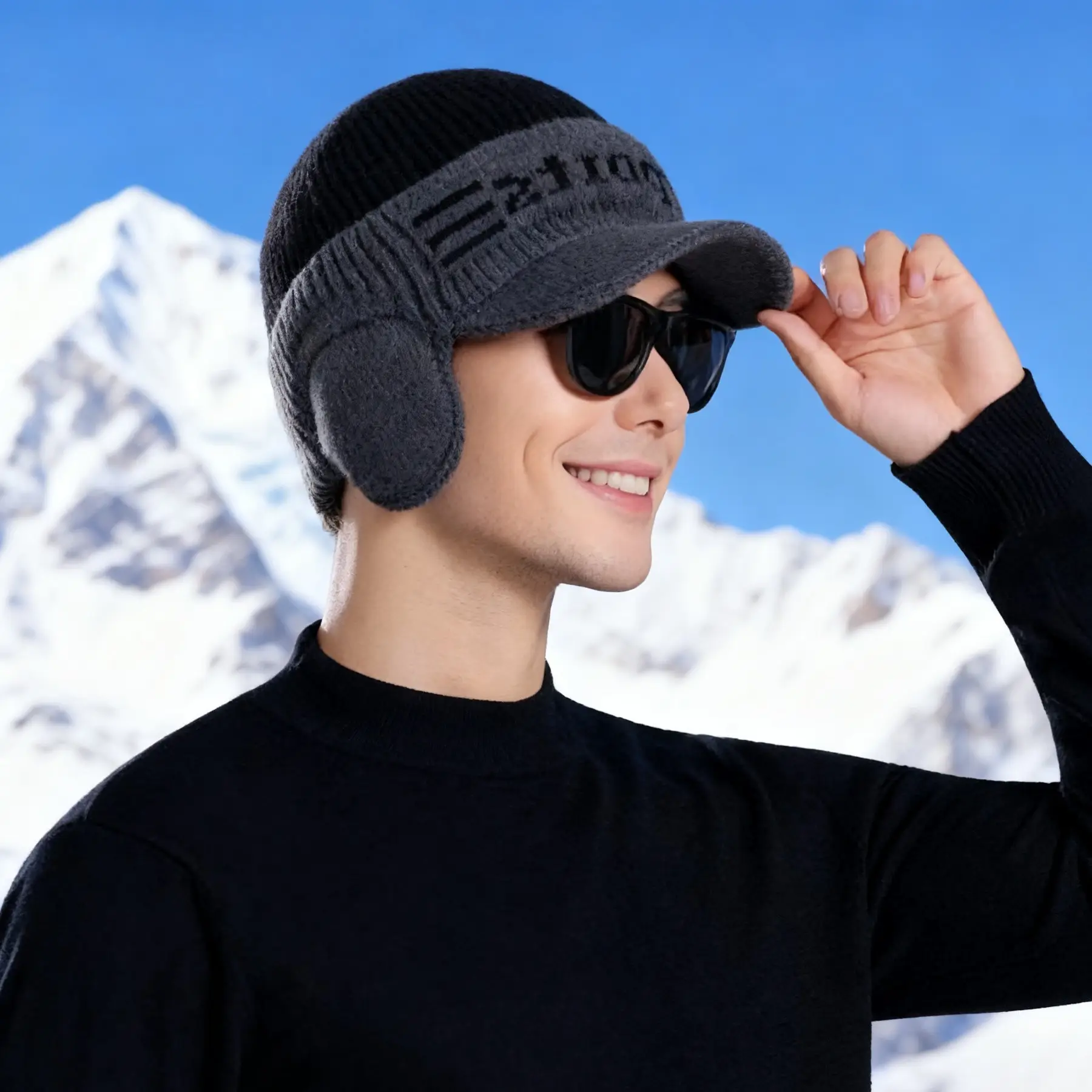 Winter Men's Knitted Wool Ear Bag with Beanie - Image 3