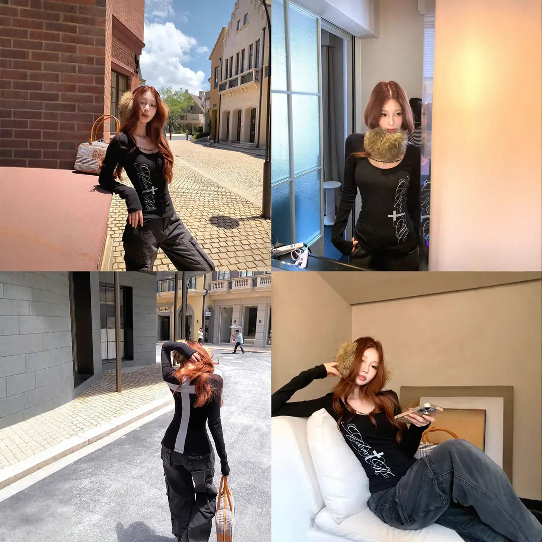 Early Autumn New Style Dark Gothic American Style Spicy Girl Black Long-Sleeve T-Shirt for Women, Slim Fit and Flattering