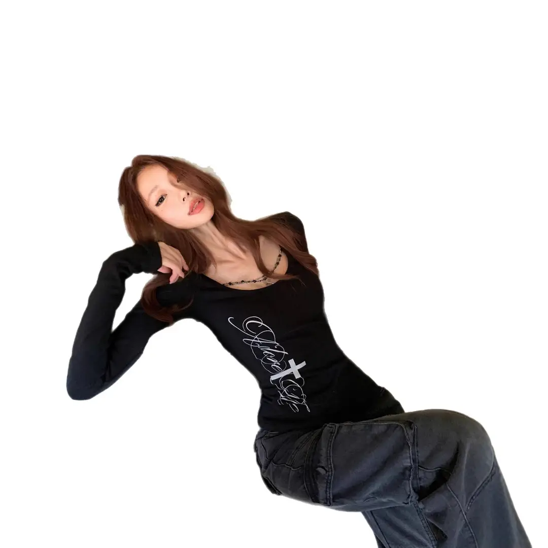 Early Autumn New Style Dark Gothic American Style Spicy Girl Black Long-Sleeve T-Shirt for Women, Slim Fit and Flattering