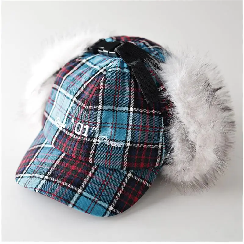 Men Women Plaid Fur Ear Traps Cap