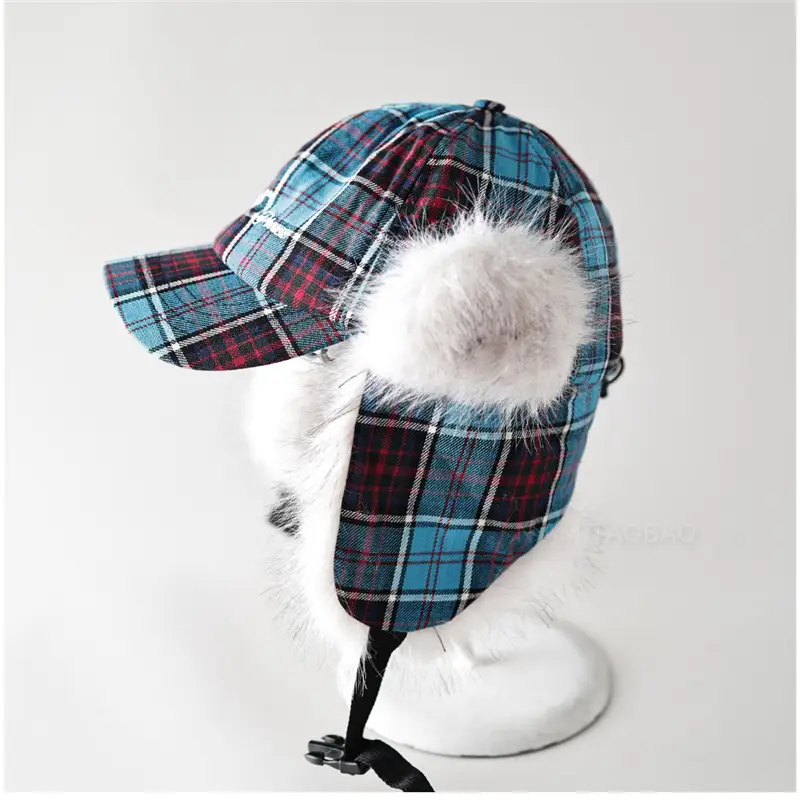 Men Women Plaid Fur Ear Traps Cap