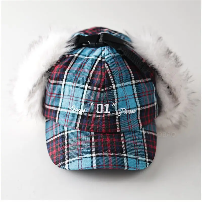 Men Women Plaid Fur Ear Traps Cap