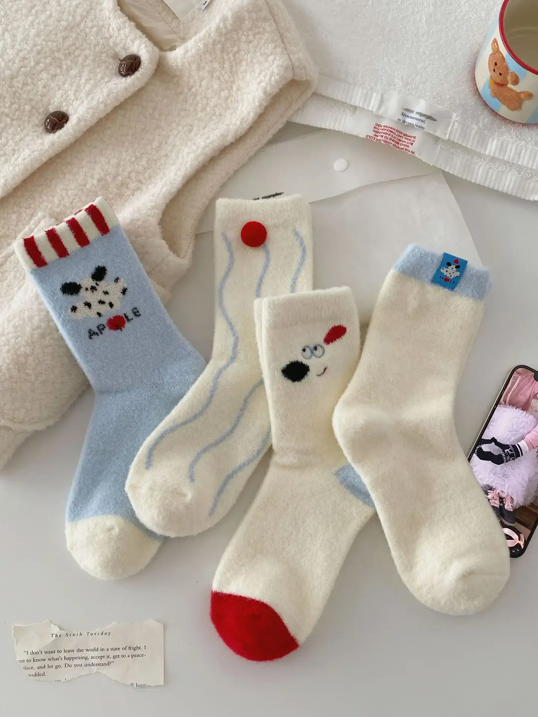 Soft and Fluffy Australian Wool Socks with Puppy Fur Balls, Women's Fabric Label Mid-Calf Socks, Autumn and Winter Thickened and Warm Mid-Calf Socks — feature 5