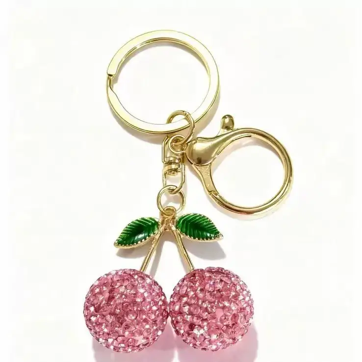 Pink Cherry Keychain with Diamonds & Leaf Design - Image 15