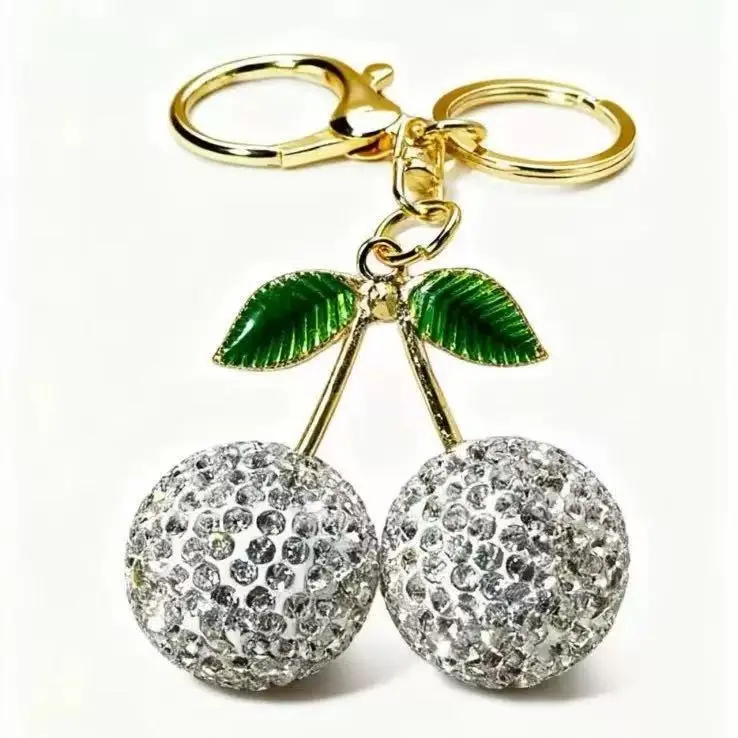 Pink Cherry Keychain with Diamonds & Leaf Design - Image 16