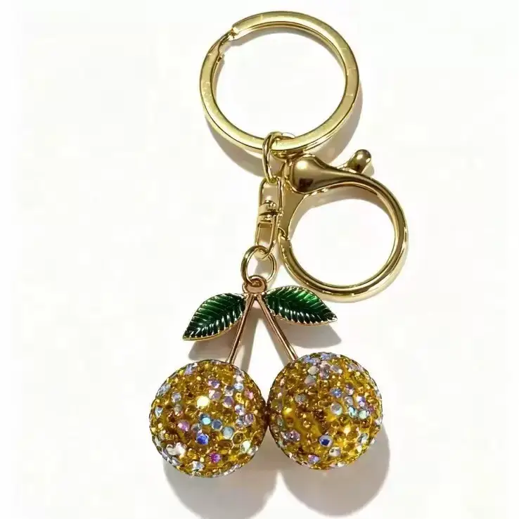 Pink Cherry Keychain with Diamonds & Leaf Design — feature 11