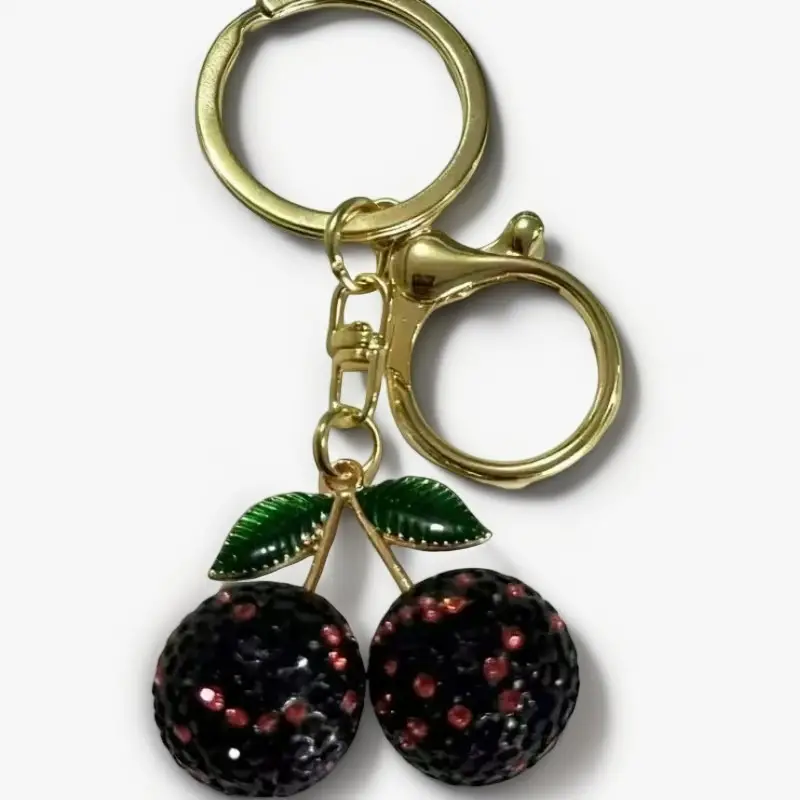 Pink Cherry Keychain with Diamonds & Leaf Design - Image 10