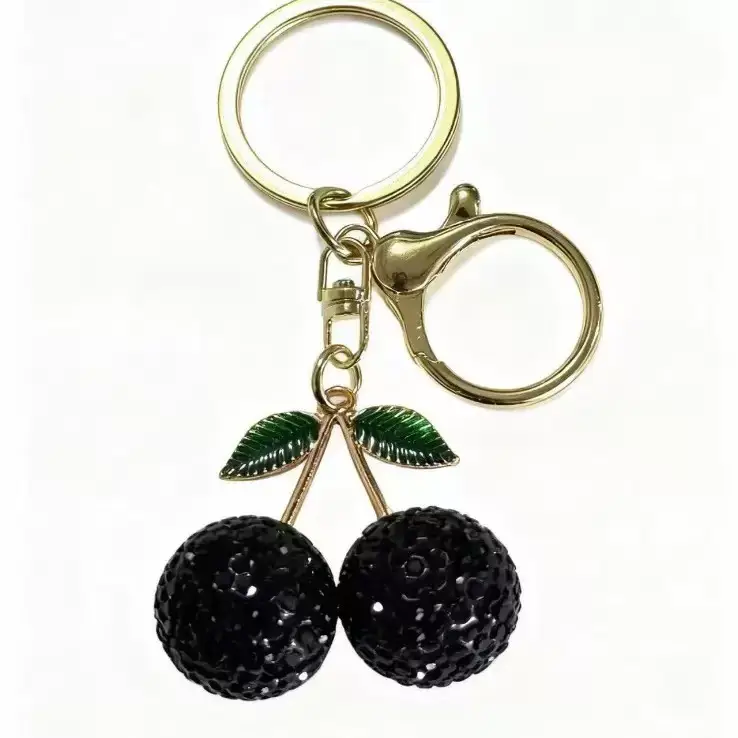 Pink Cherry Keychain with Diamonds & Leaf Design - Image 11