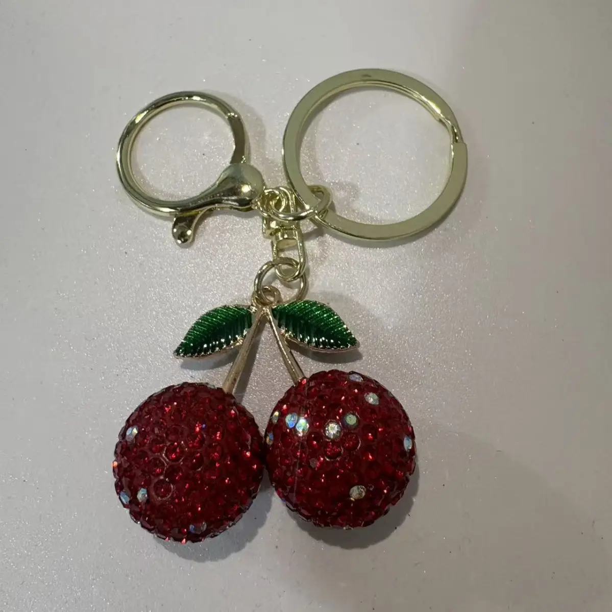 Pink Cherry Keychain with Diamonds & Leaf Design - Image 2