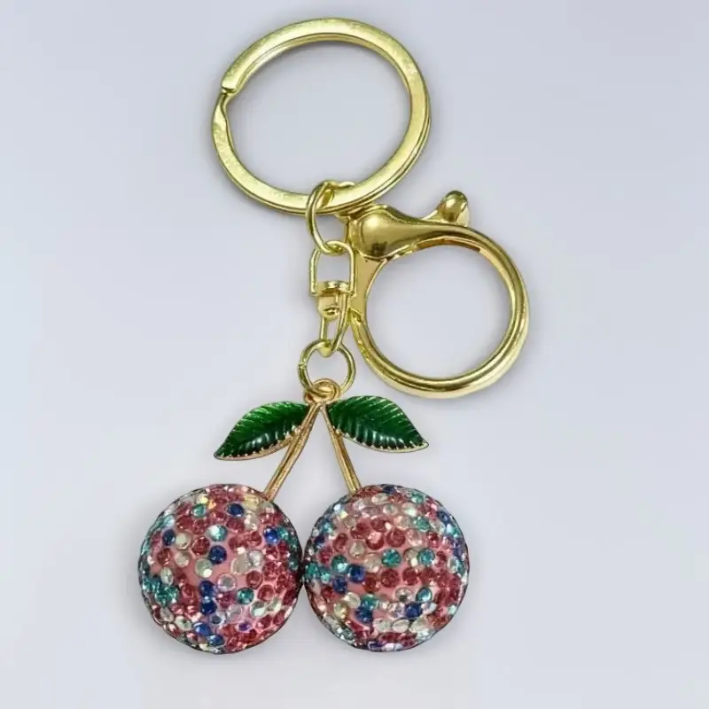 Pink Cherry Keychain with Diamonds & Leaf Design - Image 3