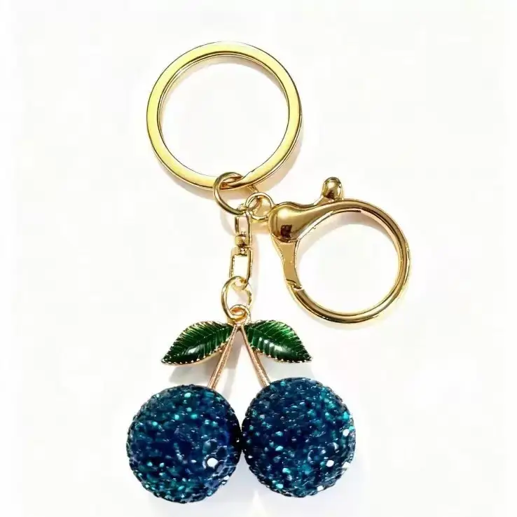 Pink Cherry Keychain with Diamonds & Leaf Design - Image 6