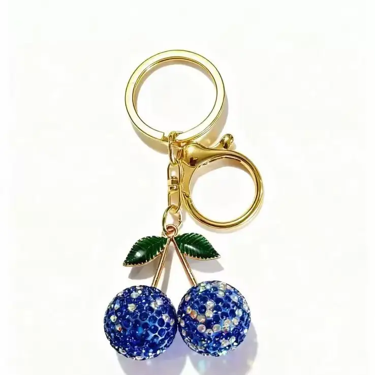 Pink Cherry Keychain with Diamonds & Leaf Design - Image 7